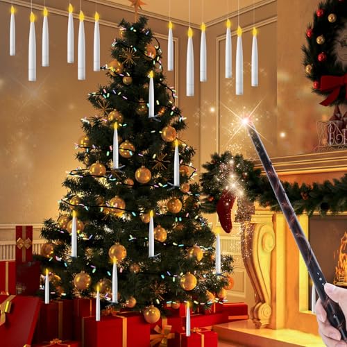 EXTSUD Juego de 12 Velas LED flotantes con mando a distancia, varita mágica, velas colgantes a pilas con llama vacilante para decoración de Halloween, Navidad y boda