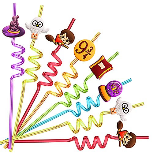 24 Harry Straws for Kids Wizard Potter Party Supplies Favors, Magic Wizard School Party Gift with 2 Cleaning Brushes