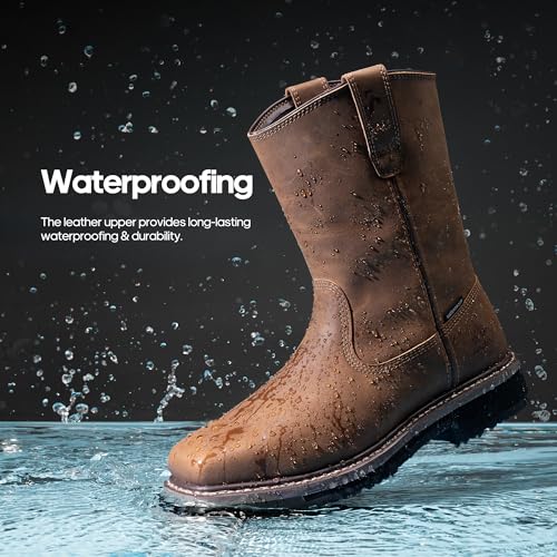 NORTIV 8 Steel Toe Work Boots for Men – Waterproof Pull on Wellington Cowboy Boots for Men with Full-grain Leather for Construction, Farming Bronco Stormrider,Size 11.5,Dark Brown