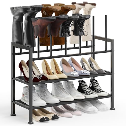 DIMJ Free Standing Shoe Racks - 4-Tier Boot Rack, Black Metal Boot Storage Organizer Tall Boots, Tall Boot Organizer for Closet, Multiuse Shoe Rack for Boots, Sneakers,Fit for 6 Pairs Boots, Black