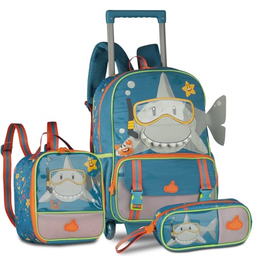 Kit Escolar Tubarão Mochila de Rodinha + Lancheira Térmica + Estojo Tema Fundo do Mar Infantil Design 3D Divertido Resistente Volta às Aulas