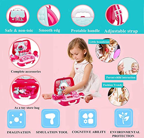 31 PCS Kids Princes Makeup Set Pretend Cosmetics Children Role Play Jewellry Kit Dress Up Kit with Carry Case Dressing Table Hair Dryer Nail Polish ToyBirthday Gif for Toddlers Girls
