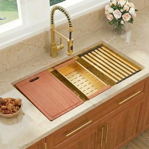 Image of 33 inch Gold Sink,Undermount Single Bowl Kitchen Sinks,16 Gauge Stainless Steel Workstation Kitchen Sink (Gold, 33 X 18 inch)
