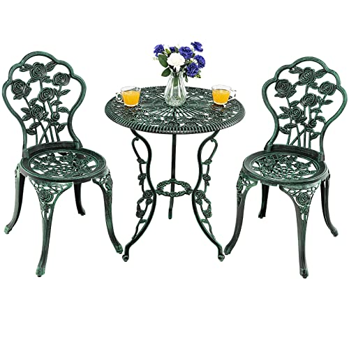 TANGZON 3 Pieces Patio Bistro Set, Outdoor Cast Aluminum Round Dining Table and 2 Chairs Set with...