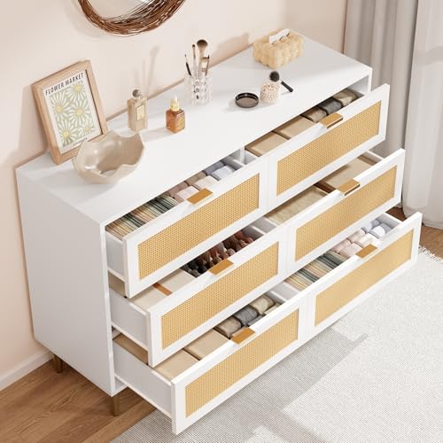 GarveeHome Rattan 6 Drawer Dresser for Bedroom, Modern Chest of Drawers with Gold Legs and Gold Handles, Wide Double Dresser with Large Tabletop and Anti-tipping Design for Bedroom, Living Room, White
