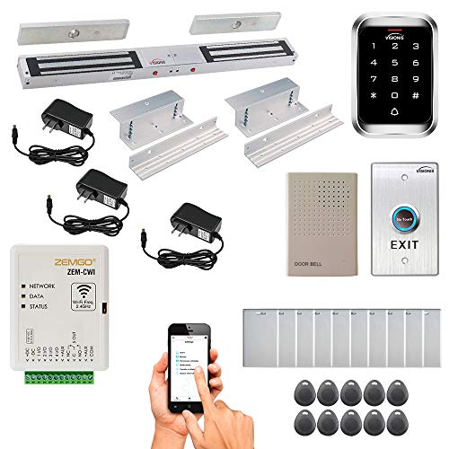 Zemgo FPC-8448 Smart Mobile WiFi Controller for Access Control with Android + Apple App, Web Browser + Smartphone Remote Viewing, Inswing Door 600lbs Double Mag Lock, Weatherproof Keypad/RFID Reader