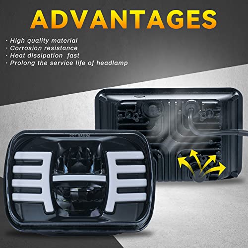 Llpta 2Pcs 7X6 5X7 Rectangular 4000 Lumen Super Bright Amber Turn Signal White High/Low Beam Drl Daytime Running Lights Led Halo Angel Eye Headlights Assembly+H4-3-Pin Adaptors Sealed Beam Replacement #TOP4