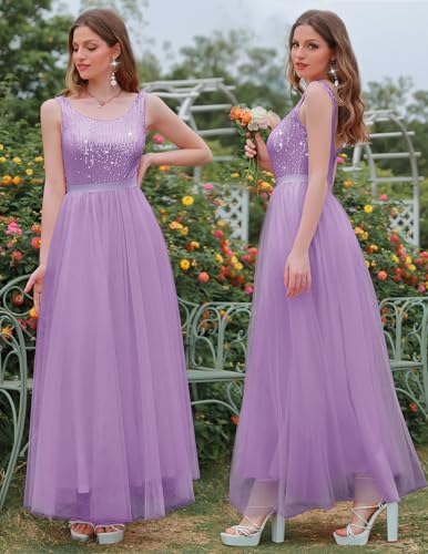 Image of BeryLove Sequin Dress for Woman Vintage A Line Wedding Formal Swing Mesh Dress Sleeveless Cocktail Maxi Gowns