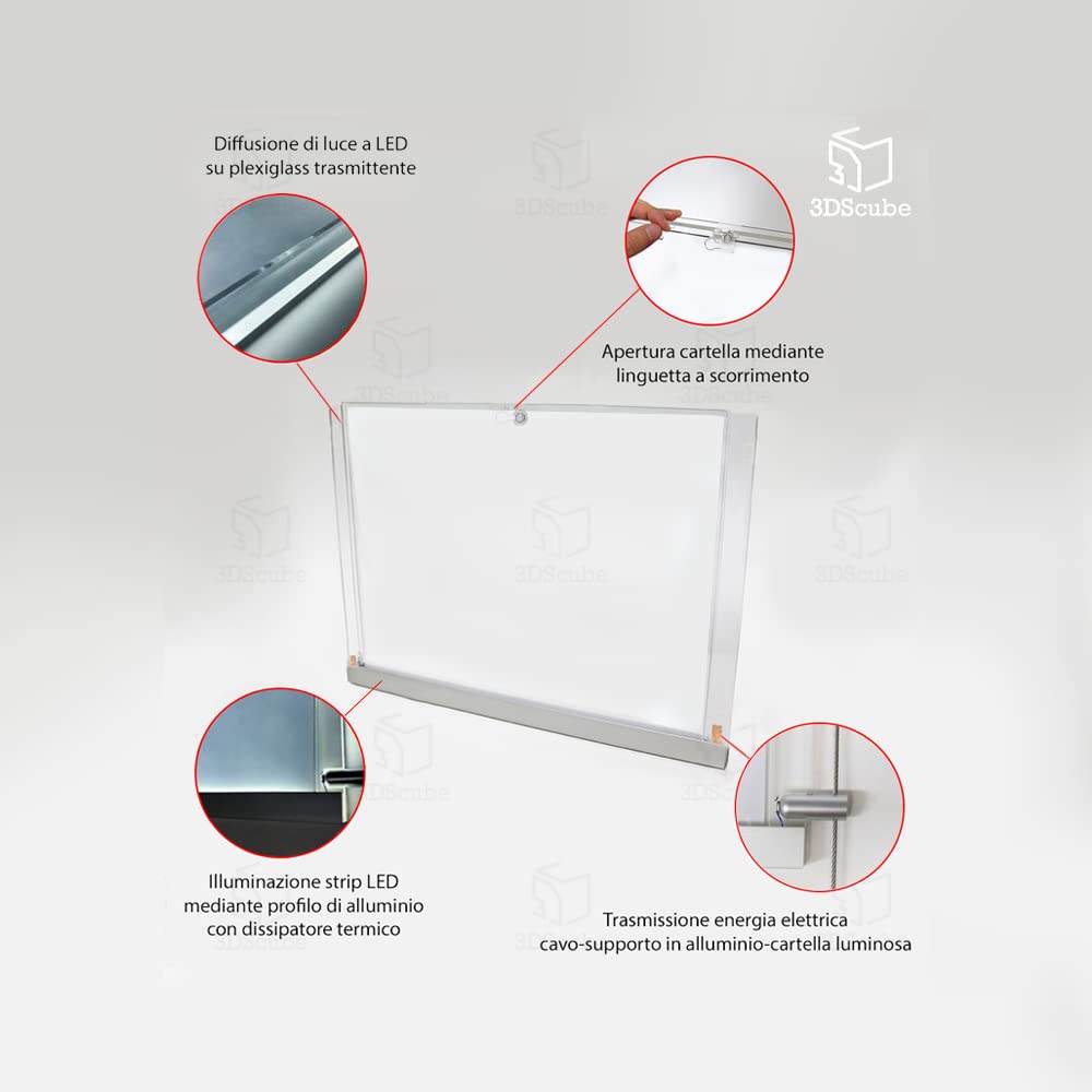 Expositor de Cables Luminoso de una Cara para escaparate EVO LED Kit 1x5 con 5 Carpetas de metacrilato A4 Horizontal, Soporte para anuncios para agencias inmobiliarias, Estudios fotográficos