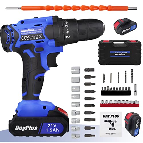 Akku Bohrmaschine mit 2x Akkus, Akku-Schlagschrauber mit 26PCS Zubehöre Set für Haus und Garten DIY Projekt, Drehmoment 420 Nm, 1400RPM 2 Variable Geschwindigkeiten, zum Bohren von Holz und Metall