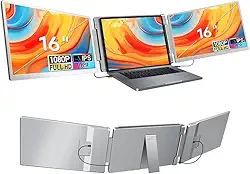 Extensor de Tela para Laptop de 16', Tela de Rotação de 360° FHD 1080P IPS Extensor de Monitor Triplo Ultrafino para Laptop,Monitor Triplo para Laptops de 12' a 18,5' com Tipo C/HDMI/USB-A
