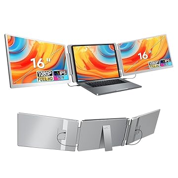 Extensor de Tela para Laptop de 16", Tela de Rotação de 360° FHD 1080P IPS Extensor de Monitor Triplo Ultrafino para Laptop,Monitor Triplo para Laptops de 12" a 18,5" com Tipo C/HDMI/USB-A