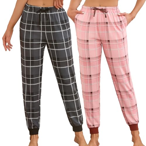 U2SKIIN Damen 2er-Pack Schlafhose lang Schlafanzughose leichte Pyjamahose karierte Freizeithose (Rosa kariert + Schwarz-Grau kariert M)