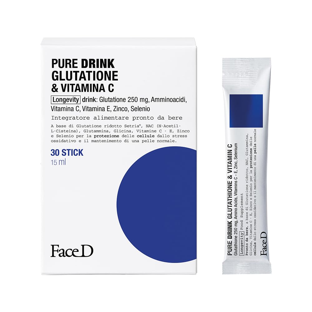 Face D - Pure Drink Glutatione e Vitamina C, 30 stick da 15 ml, Integratore Alimentare Antiossidante