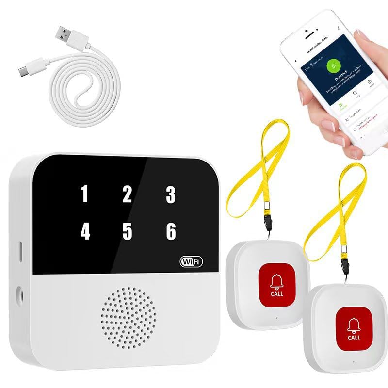 Boton Emergencia Ancianos, Wi-Fi Smart Emergency Alarm Beeper Botón de Llamada de Emergencia para Personas Alarma Avisador Mayores Remota de Teléfono Móvil 2 Botón 1 Receptor