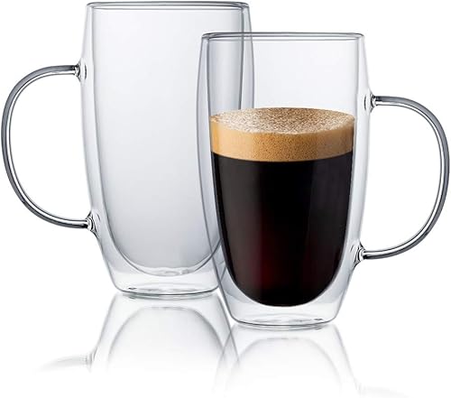 KitchenTour - Juego de 4 tazas aisladas de doble pared de 6 onzas con asa, juego de 4 tazas pequeñas de vidrio para máquina de café expreso y