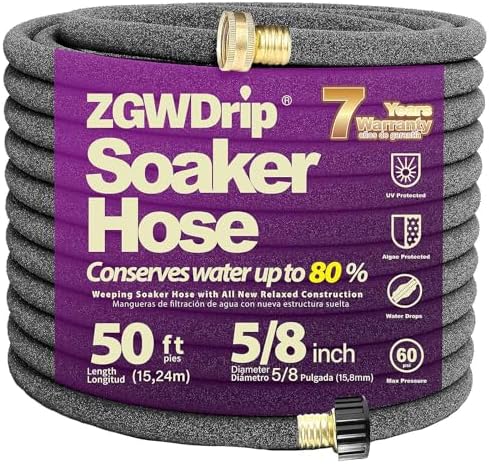 5/8" 50FT Heavy Duty Soaker Hose with Brass Connectors – Ultra-Flexible Drip Irrigation for Gardens, Lawns & Raised Beds