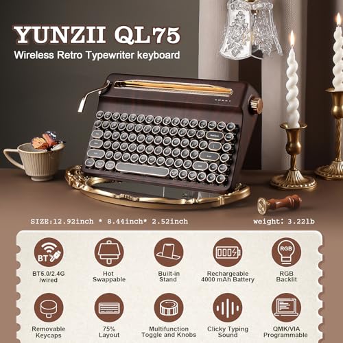 Image of YUNZII QL75 Wireless Typewriter Hot Swap Retro Mechanical Keyboard,Punk Round Keycaps,RGB Backlit QMK /VIA Programmable, Multi-Device Keyboard with 2.4GHz /Type-C /BT5.0 (Wood, Cocoa Cream V2 Switch)