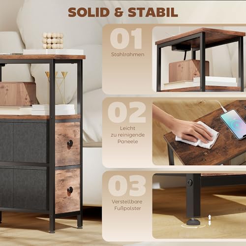 HOMCOM Couchtisch Beistelltisch mit Ladestation, Stahlrahmen, Schmal Wohnzimmertisch mit 2 Stoffschublade, offen Fach, Steckdose, USB- und USB-C-Anschlüssen, Kaffeetisch für Wohnzimmer, Rustikal-Braun – Bild 7