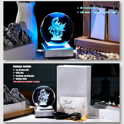 Image of Ornalrist 3D Dragon Crystal Sphere Gifts for Women Men Kids with Colorful LED Light Base 3.15 inch, Dragon Night Light for Boy Girl Xmas Cool Dragon Figurines Home Decor
