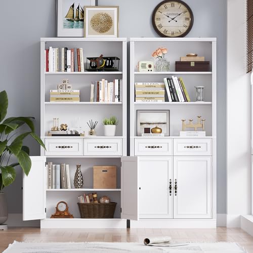 Image of BORNOON 70.1 inch Tall Bookshelf with Drawers & Cabinet, 5-Tier Floor Standing Bookcase with Storage Doors, Adjustable Shelves & Metal Handles, 31.5 inch Wide Organizer for Home Office, Living Room