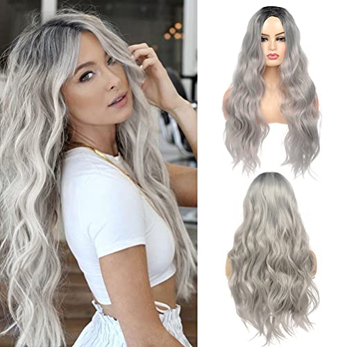 Beweig Long Curly Wavy Ombre Gray Wigs for Women Middle Part Dark Roots Synthetic Heat Resistant Full Wigs for Daily Party,30 Inch
