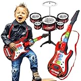 Kit guitarra infantil eletronica com luz e som e mini bateria brinquedo musical educativo presente natal dia das crianças menino e menina brinquedos musicais (Bateria Vermelha)