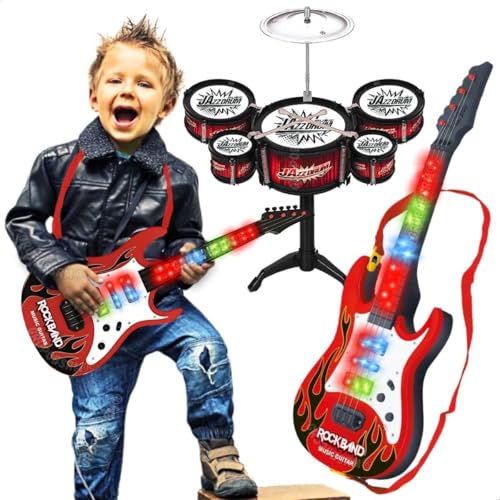 Kit guitarra infantil eletronica com luz e som e mini bateria brinquedo musical educativo presente natal dia das crianças menino e menina brinquedos musicais (Bateria Vermelha)