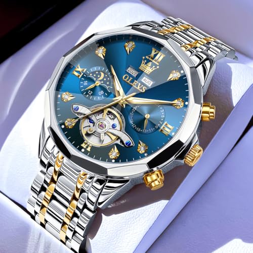 Image of OLEVS Automatic Men Watch Self Winding Mechanical Moon Phase Business Luxury Diamond Dress Stainless Steel Waterproof Luminous Mens Wrist Watch