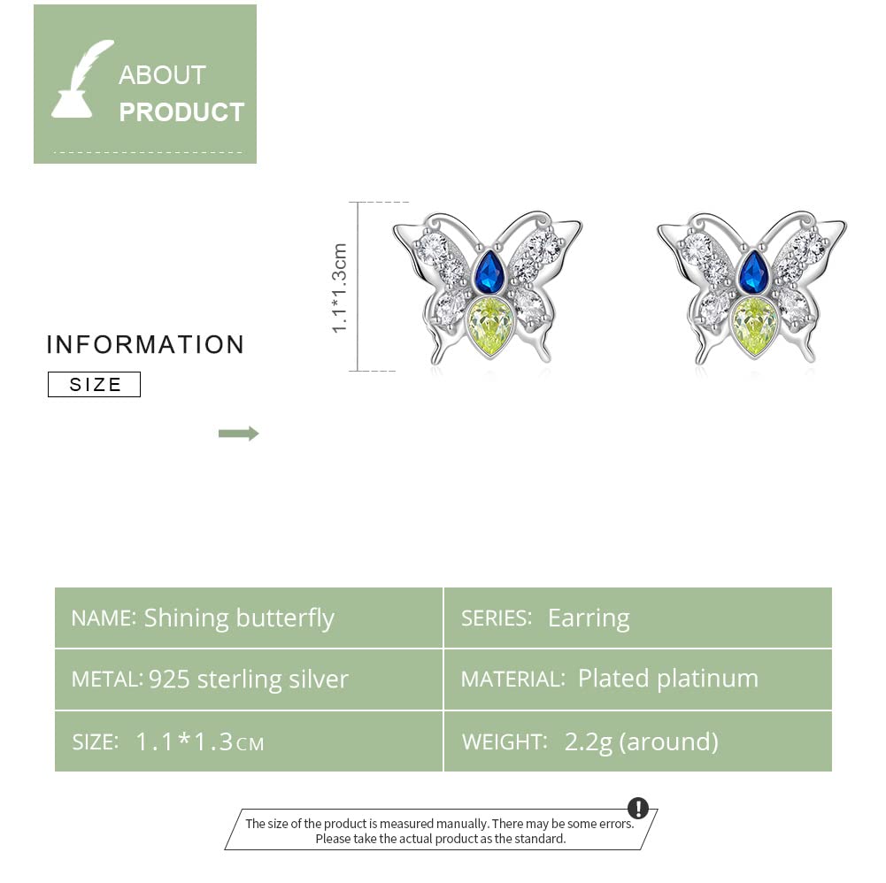WZGWDC Sterlingsilber-Schmuck, 925er-Sterlingsilber, glänzender Schmetterling, eingelegt mit klaren CZ-Ohrsteckern für Damen, Sterlingsilber-Ohrringe, edler Schmuck