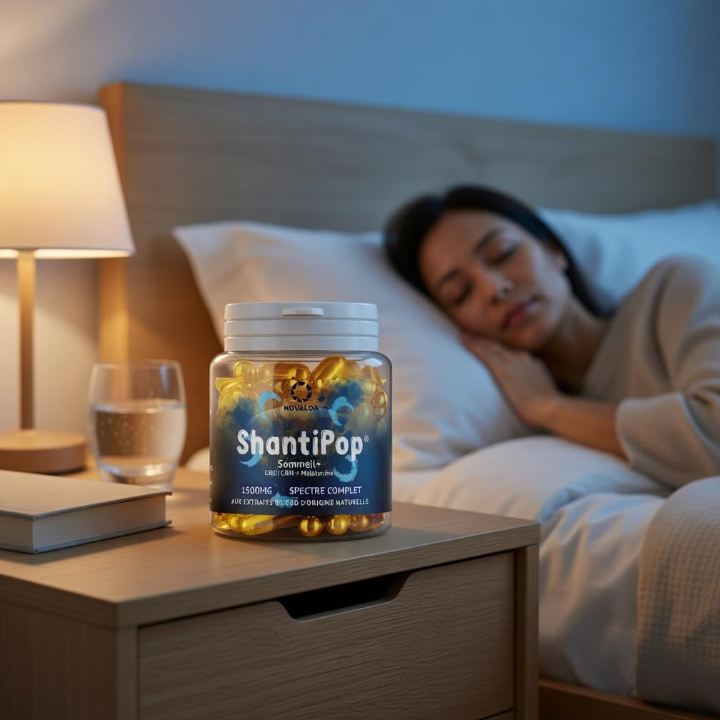 ShantiPop - Gélules Liquides Sommeil+ - Huile de Graines de Chanvre Pressées à Froid 1500mg - Mélatonine & Ylang Ylang - Fabriqué en France - 30 Gélules