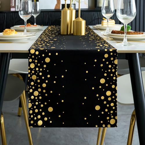 Chemin de Table Noir et Doré 30 x 220 cm en Polyester Décoration de Table Chemin de Table à Manger avec Pois Dorés Décoration de Table pour Mariage Fête...
