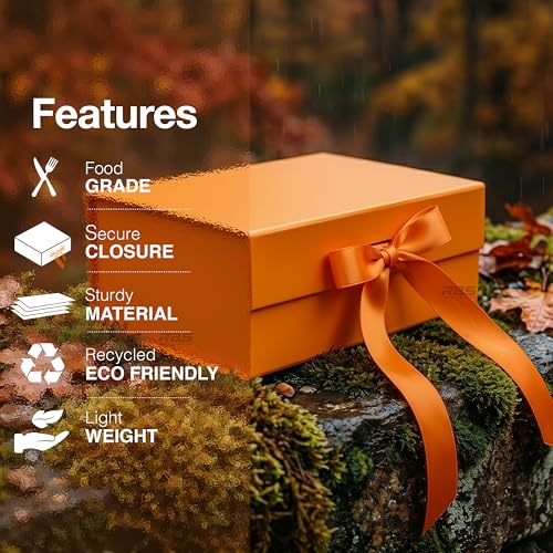 Image of RBS - Foldable Gift Box with Ribbon 23 x 16 x 10cm Gift Boxes for Packaging (1 Pack) Multi-Purpose Gift Boxes for Presents Reuse Gift Packing Box Decorative Hamper Box (Orange Aura)