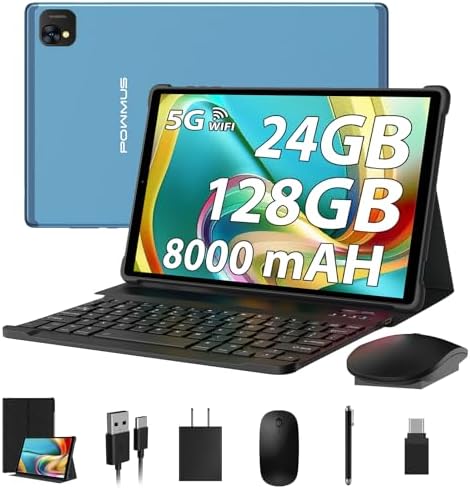 POWMUS Android Tablet 10.1 Inch Tablets, 1920 * 1200 IPS LCD Screen, 24 GB RAM,128GB Storage Expand 1TB, 2.0GHz CPU,8000mAh, 5GWiFi,8+13MP, BT5.0, GPS Tablette PC w Keyboard and Mouse - Blue