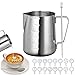 Pichet à Lait 350ml/12 oz, Set de Pot à Lait en Acier Inoxydable avec Stylo à Latte Art & 16pcs Pochoirs à Café , Milk Jug Pot à Mousse de Lait Double Gradué pour Barista Cappuccino Espresso Latte