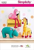 SIMPLICITY 1082 Stuffed Hippo, Giraffe & Flamingo Sewing Template, Size OS (One Size)