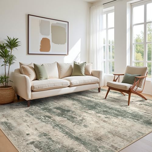 Area Rugs 10x14 for Living Room Bedroom, Modern Abstract Machine Washable Rug, Large Soft Low Pile Floor Cover with Non Slip Backing for Dining Room, Muted Green/Beige