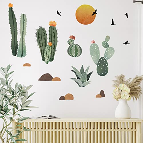 Yovkky Boho Cactus Wall Decals Stickers, Bohemian Sun Cacti Botanical Home Bedroom Decor, Tropical Green Plant Bird Living Room Kitchen Decorations Art #TOP16