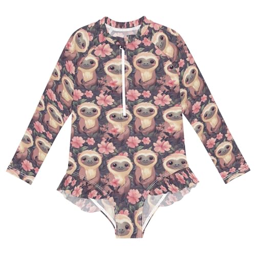 ALAZA Cute Monkey Blossom Flower Girls One Piece Swimsuit Long Sleeve Rash Guard Swimsuits UV 50+ Swimwear Zipper