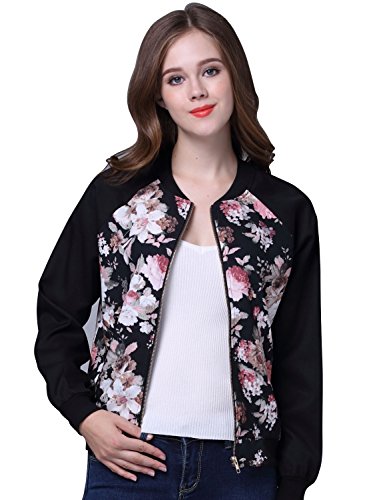 Choies Women Black Long Sleeve Floral Print Vintage Lightweight Biker Bomber Jacket L
