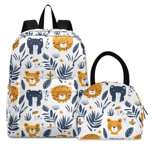 Backpack Lunch Bag Set Cartoon Lions Print, Big Storage Travel Backpacks with Insulated Lunch Box for Office Hiking Picnic