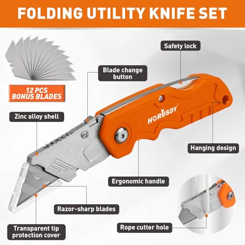 Image of HORUSDY 4-Pack Folding Utility Knife Set, Heavy-Duty Box Cutters with 12 Extra Blades, Quick-Change Razor Knives with Color-Coded Handles (Green /Blue /Red /Orange) for Jobsite, Warehouse & Home Use