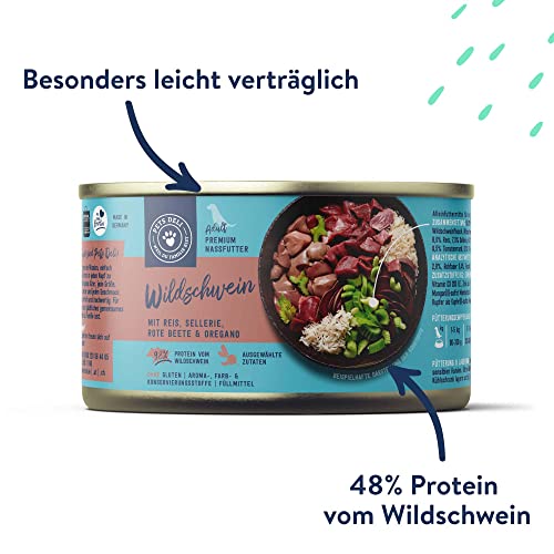 Pets Deli Classic Hunde Nassfutter Wildschwein & Reis, hoher Fleischanteil, leicht verdaulich, mit Roter Bete für eine gesunde Verdauung, getreidefrei, ohne Zucker, 6x200g, Premium Qualität