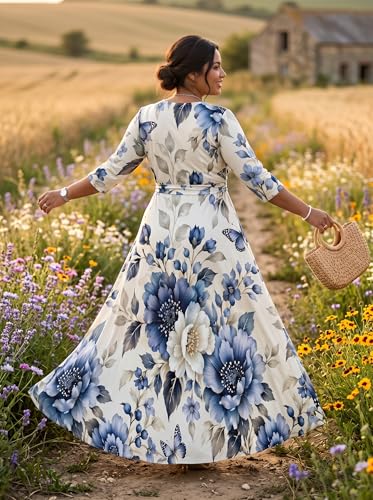 Image of Women Plus Size 3 /4 Sleeve Maxi Dress with Belt