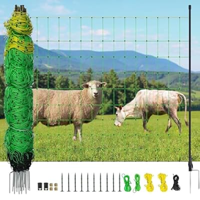 BEIYI Electric Fence Netting, 164'L x 42.5" H Electric Fence Kit for Livestock, Goat, 14 Posts Double Spiked Portable Electric Poultry Farm Fence