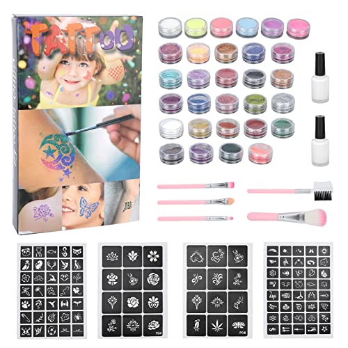Temporary Glitter Tattoo Powder For Girls 24 Glitter Colors 4 Brushes 2 Glue 5 Stencils Diy Nail Art Luminous Powder Set Body Glitter For Cosplay Party #TOP19