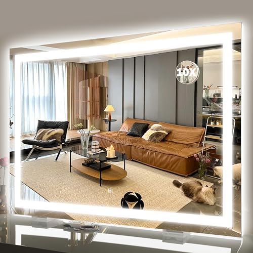 Image of ROLOVE 40x28 Inch Lighted Vanity Mirror, 3-Color Lighting & Dimmable Modes, Large LED Makeup Mirror for Bathroom /Dressing Room (Wall /Tabletop Mount, White)