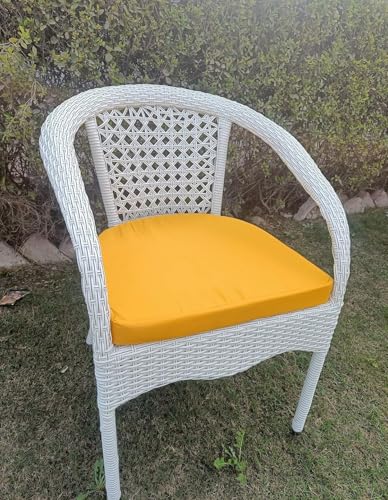 Image of PRATHAM India Patio 4+1 Furniture Set Bistro Set Porch Backyard Garden Outdoor Furniture Rattan Chairs and Table Wicker Conversation Set (White with Black Lines, Yellow Cushion 4+1 Square Table)