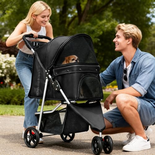 YITAHOME 15 kg Faltbarer Hundewagen, Katzenbuggy mit 3 Rädern, Netzfenstern, Getränkehalter und Bremsen, geeignet für Haustiere unter mittlerer Größe Schwarz