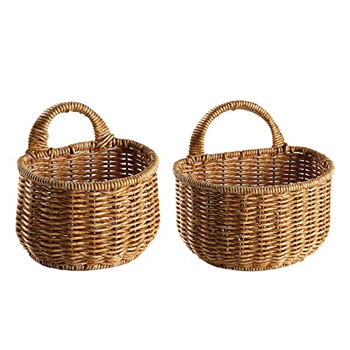 2 Wall Hanging Baskets Storage Basket Organizer For Flowers,Plants,Woven Baskets For Kitchen Bedroom Living Room Home Décor,Portable Wall Hanging Flower Basket Organizer Fruit Vegetable Rattan Box